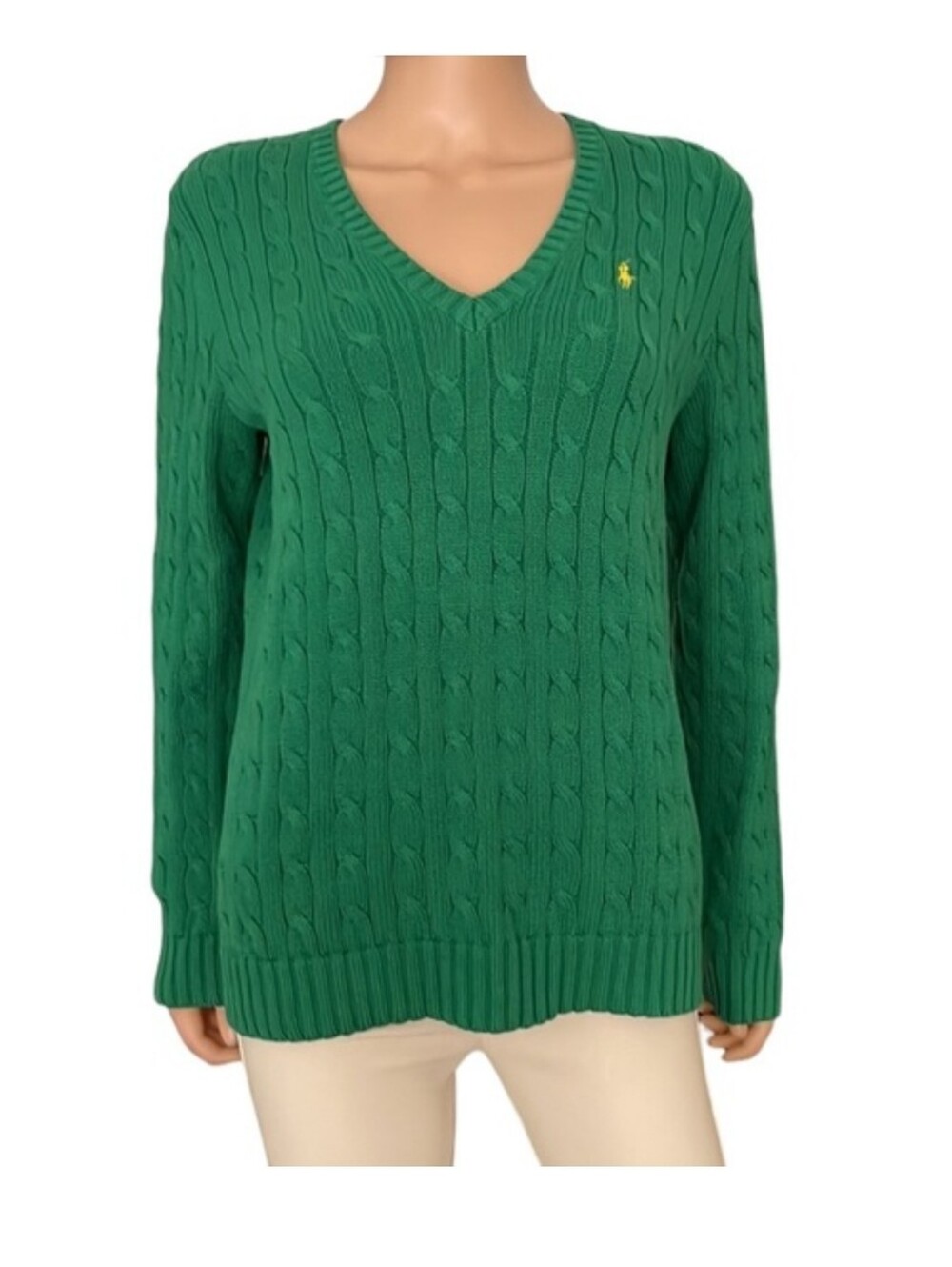 Ralph Lauren Blue Label Emerald Green Cable-Knit V-Neck Sweater, Cotton